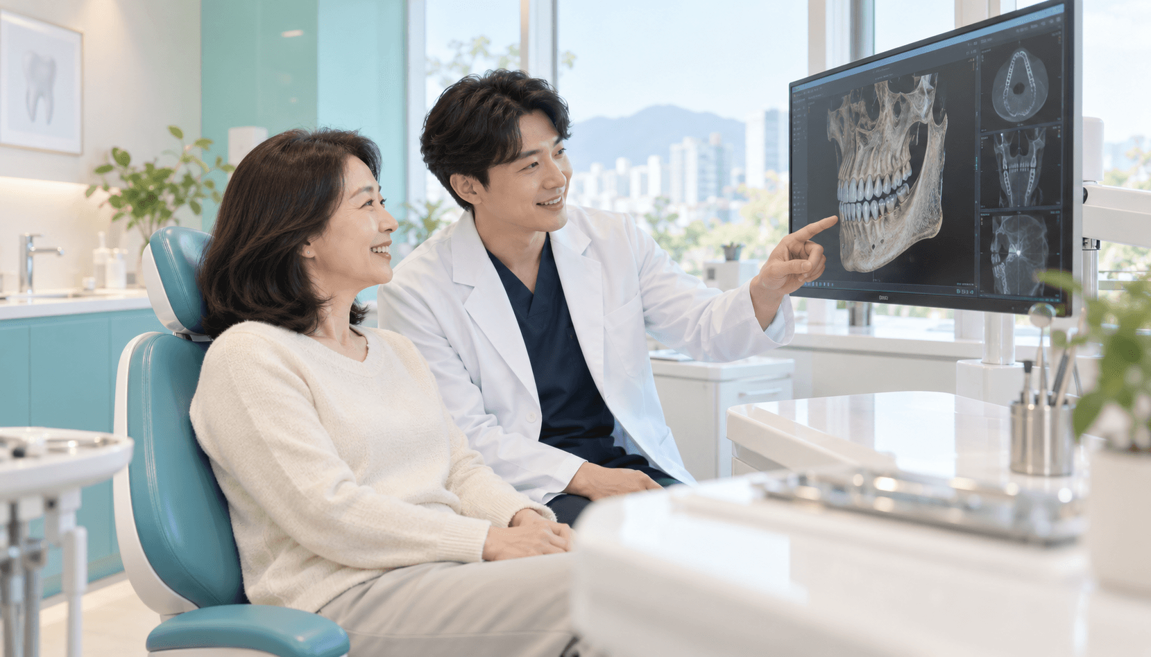 An English-speaking dentist in Korea showing a foreign patient a 3D CT scan of their jawbone.
