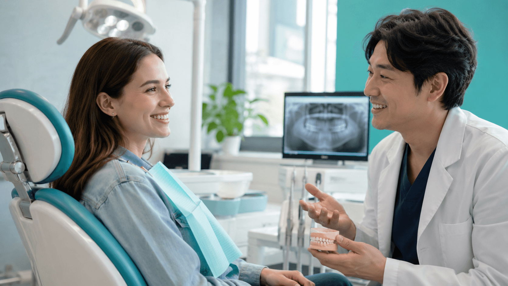 A foreign patient being reassured by an English-speaking dentist during a dental emergency in Korea.