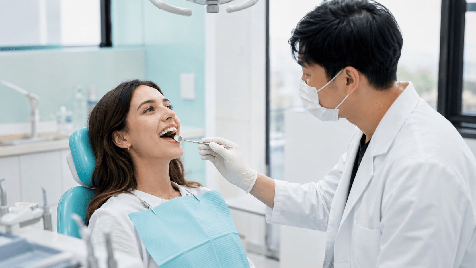 A foreign patient at a dental checkup with an English-speaking dentist in Korea.