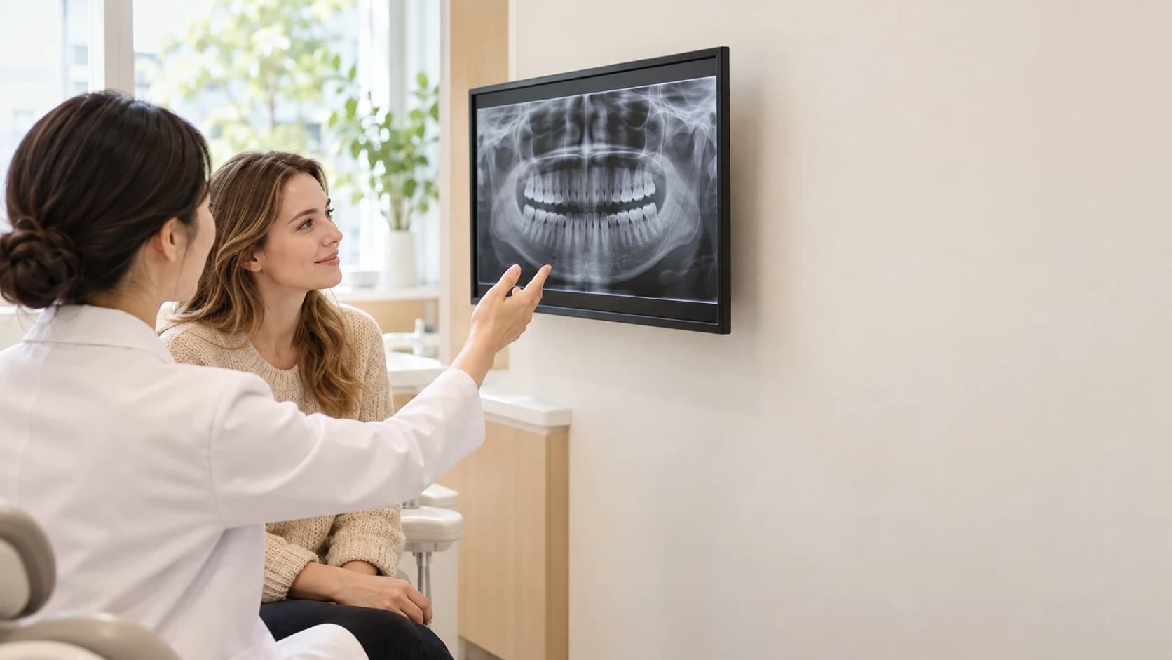 A dentist showing a patient their dental scan on a screen at a clinic in Uijeongbu.