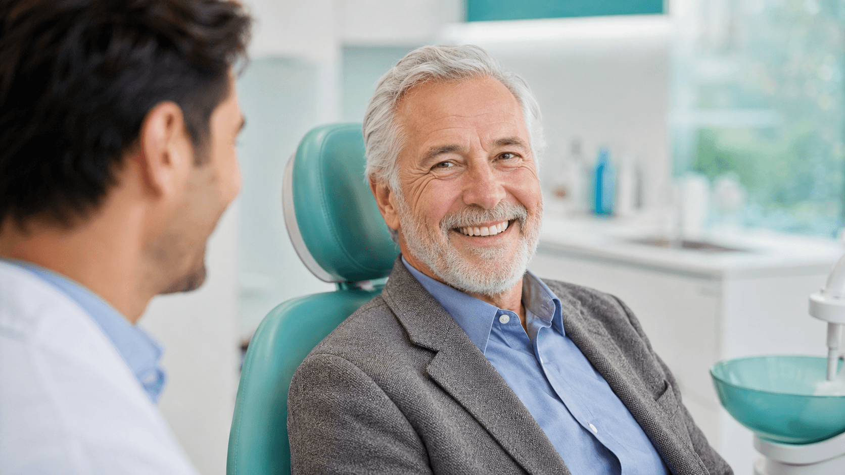 A smiling older foreign patient at an English-speaking dental clinic in Korea after getting dentures.