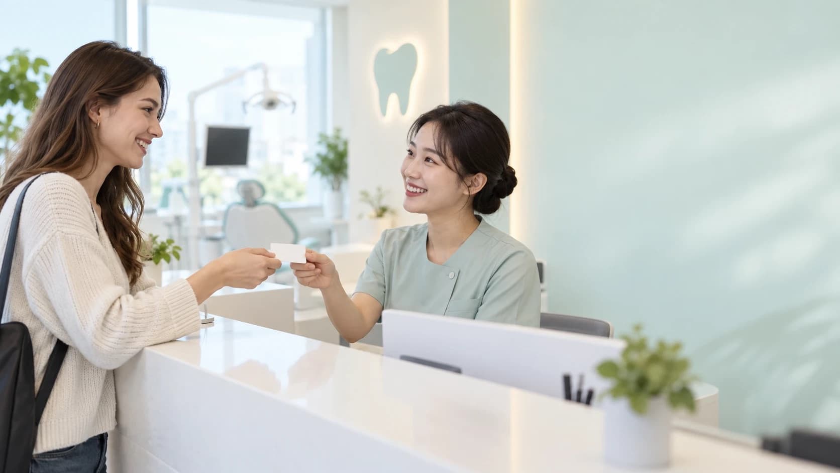 A foreign resident checking their NHIS coverage with reception at a dental clinic in Korea.