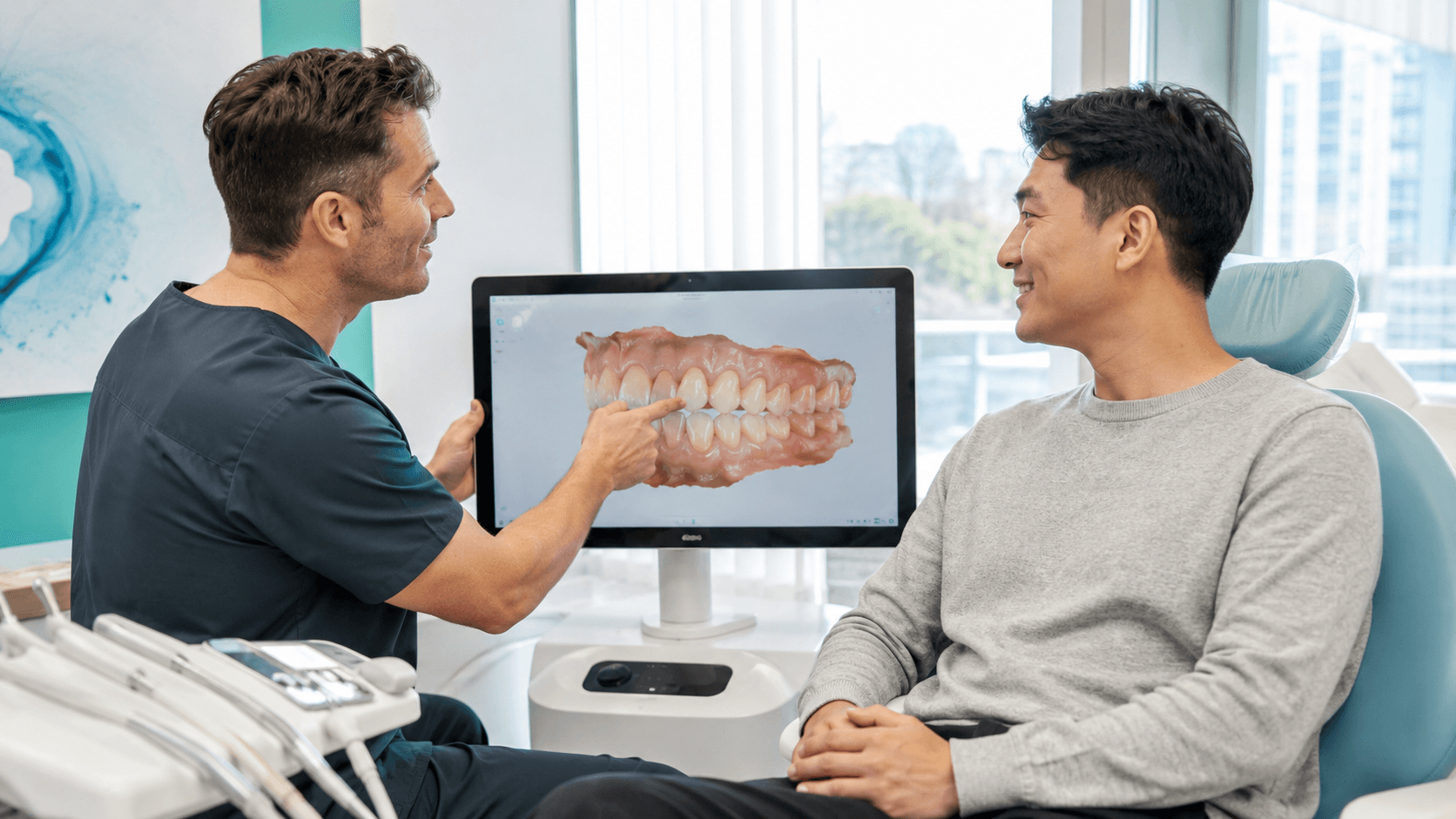 A foreign patient talking with an English-speaking dentist at a modern clinic in the Seoul area.