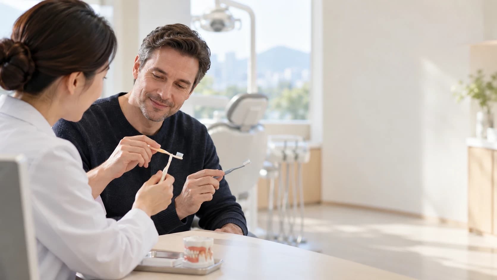 A dentist examining a patient's gum line at a dental clinic in Uijeongbu.