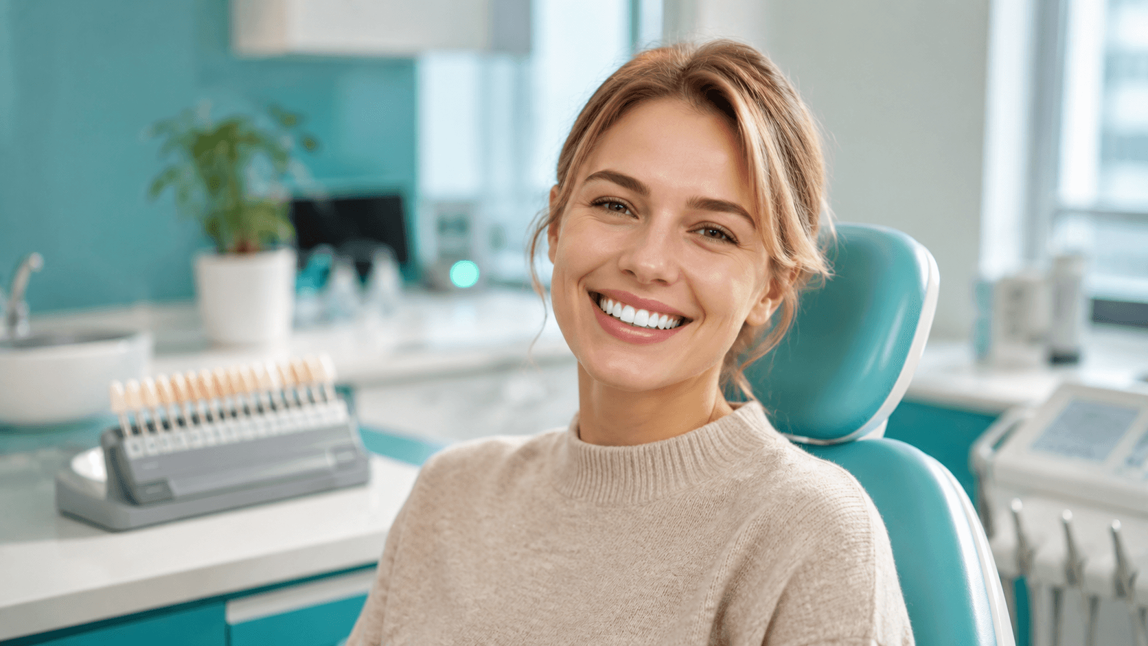 A foreign patient smiling with brighter teeth after whitening at an English-speaking dental clinic in Korea.
