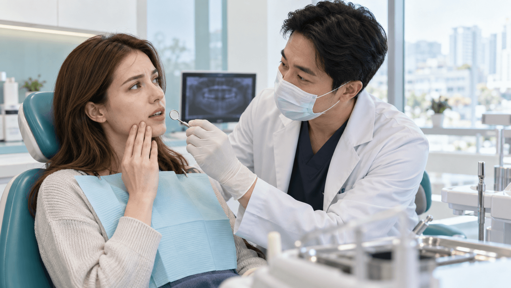 A foreign patient discussing jaw pain with an English-speaking dentist in Korea.