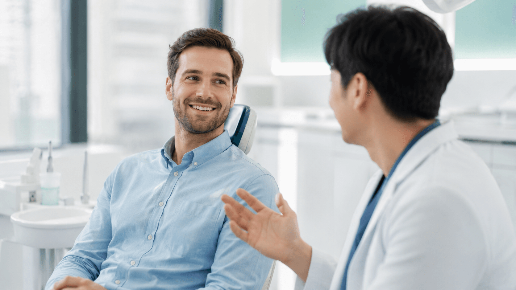 A calm, reassured foreign patient after a tooth extraction at an English-speaking dental clinic in Korea.