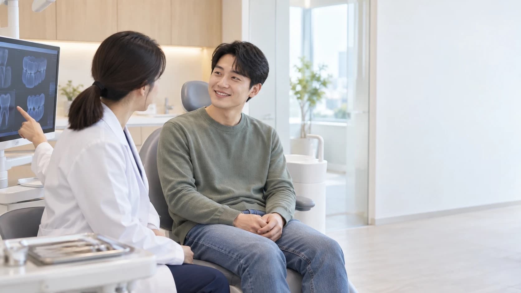 A dentist in Korea explaining a written treatment estimate to a patient in English.